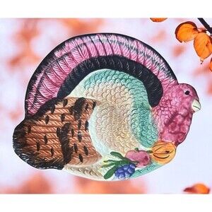 Turkey Serving Dish Vintage Ceramic 8"×7.25" Small Colorful Thanksgiving Autumn